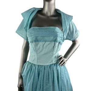 Vintage 1950s Baby Blue Strapless Gown with White Swiss Dots Bolero Shrug Small